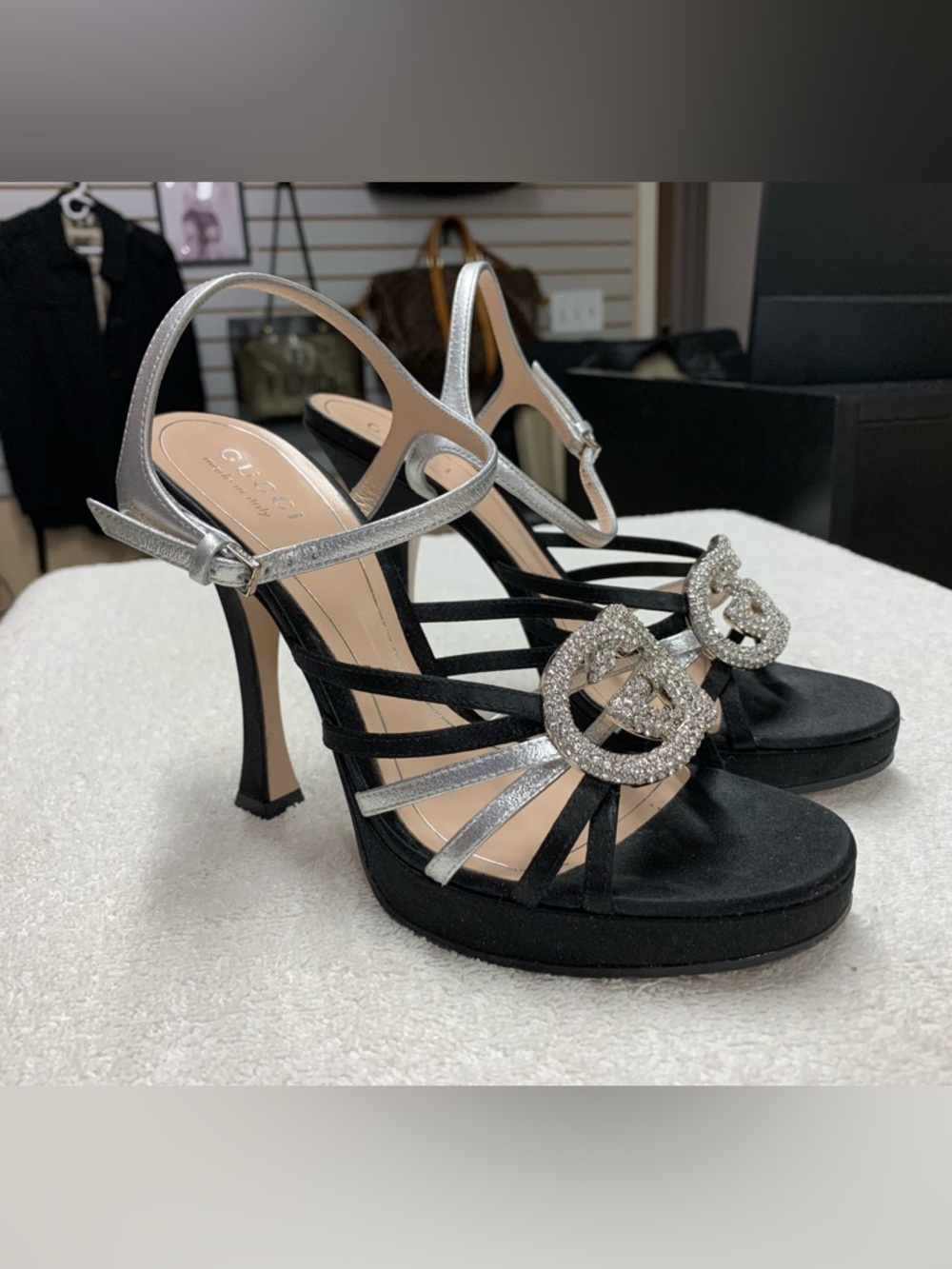 Gucci Black Suede Crystal Interlocking GG Pump Heels